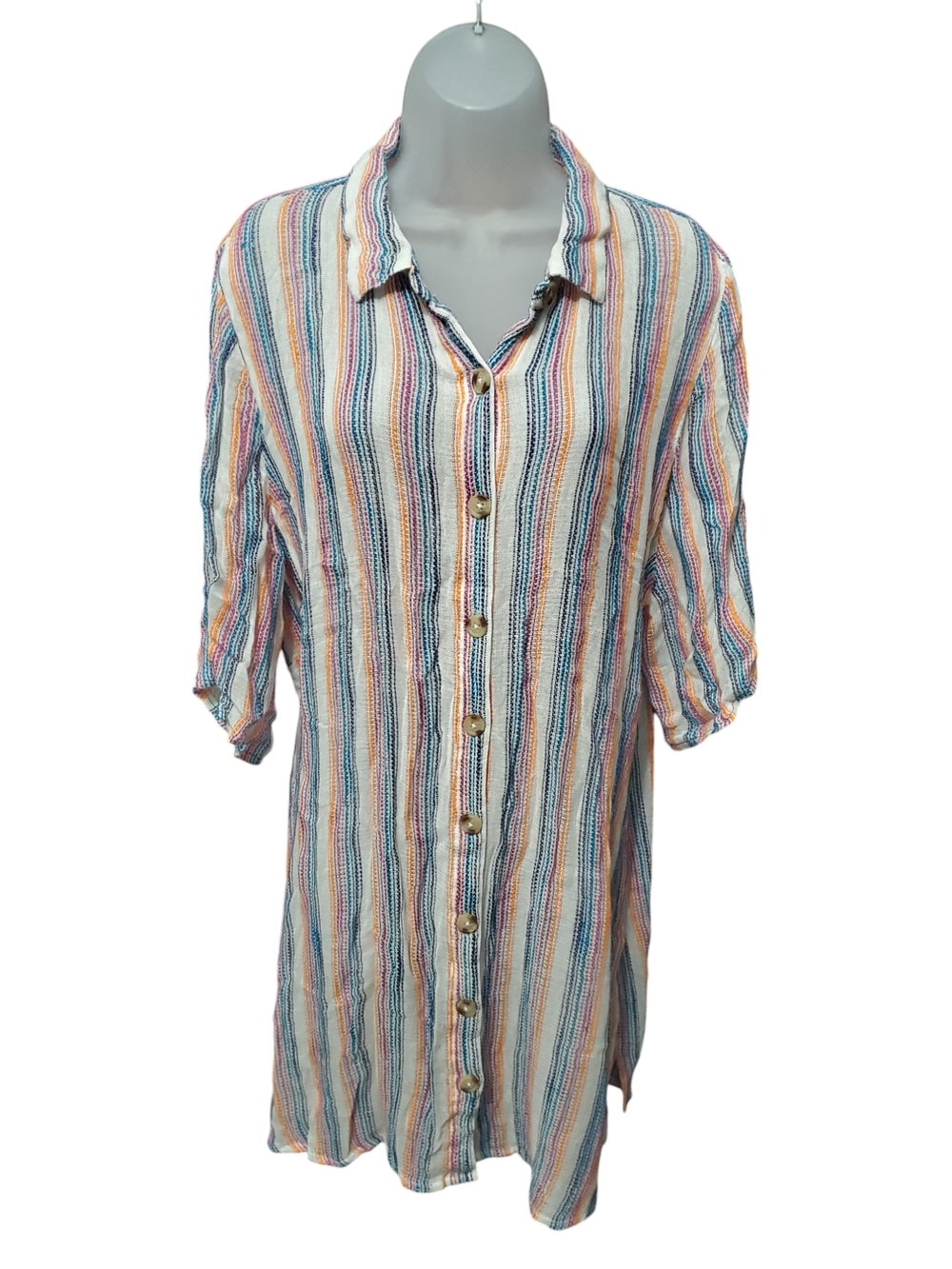 Keep In Touch Striped Button-Front Tunic Dress in Multicolor